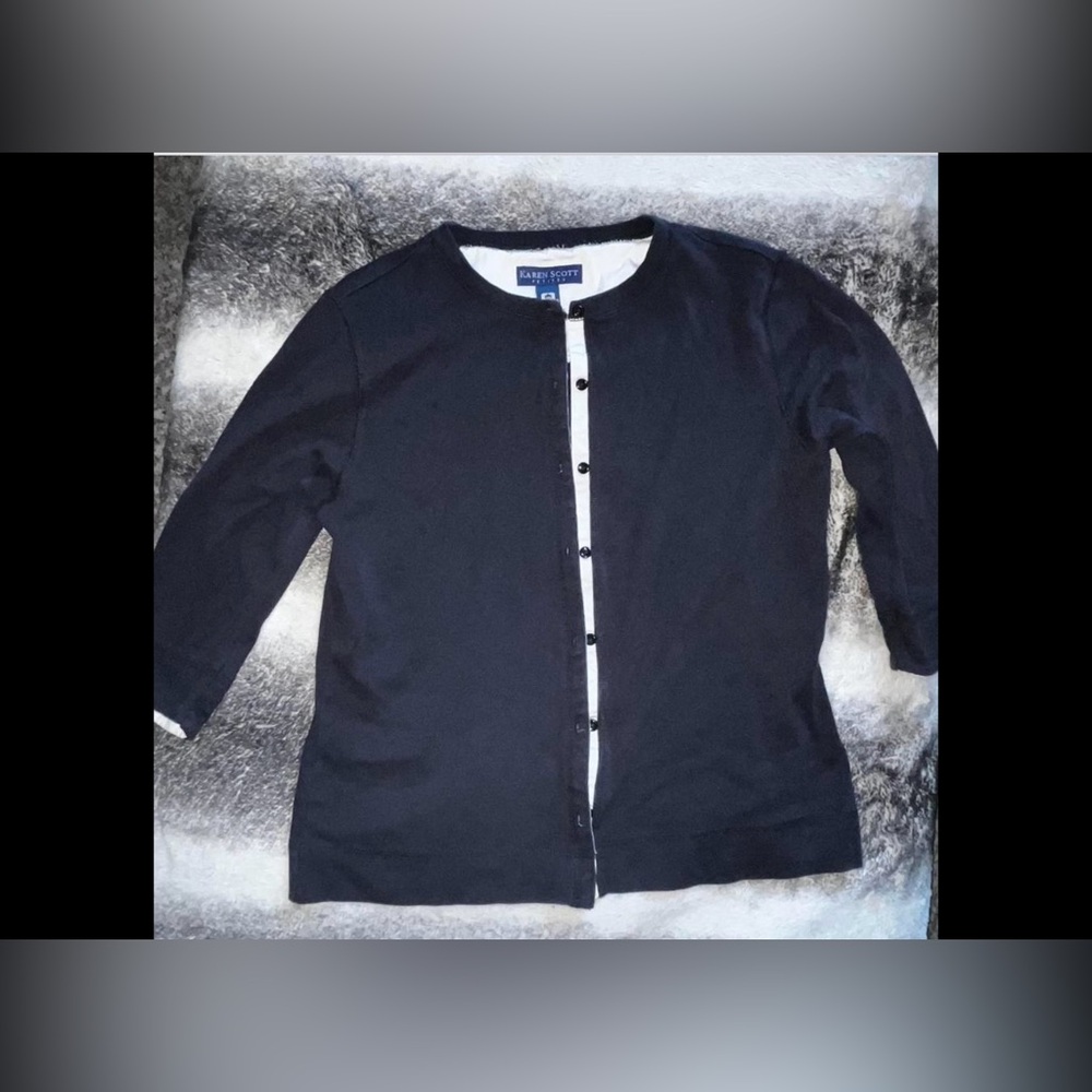 Karen Scott Cardigan Women Black/White Button Front‎ 3/4 Sleeve, Small Petite